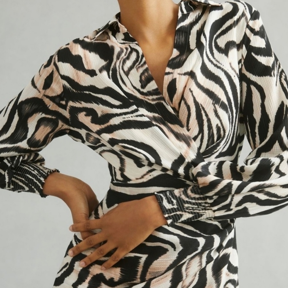 Anthropologie Black White and Beige Zebra Print Wrap Dress
